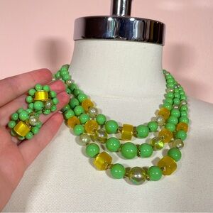 Vintage 50’s JAPAN Mid-century Modern Green Beaded Cluster Earrings and Necklace